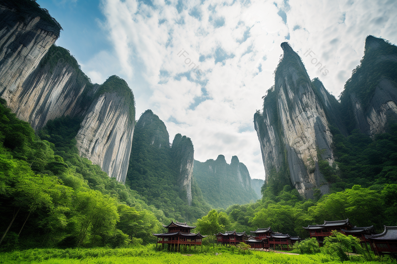 恩施大峡谷风光天高气爽绿草山间古代建筑,高清,摄影图,摄影图片,图片大全,摄影图免费下载